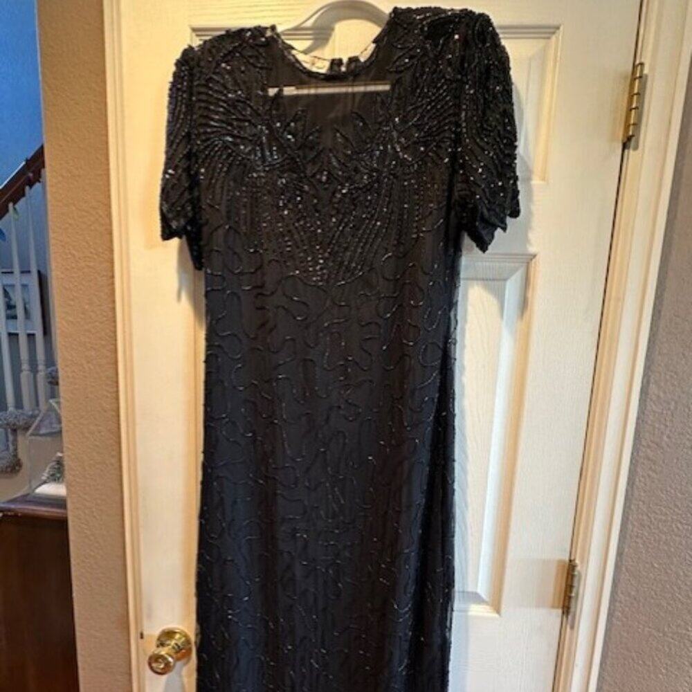 Vintage Lawrence Kazar Black Silk Beaded Gown Sz L Elegant Evening Formal Dress